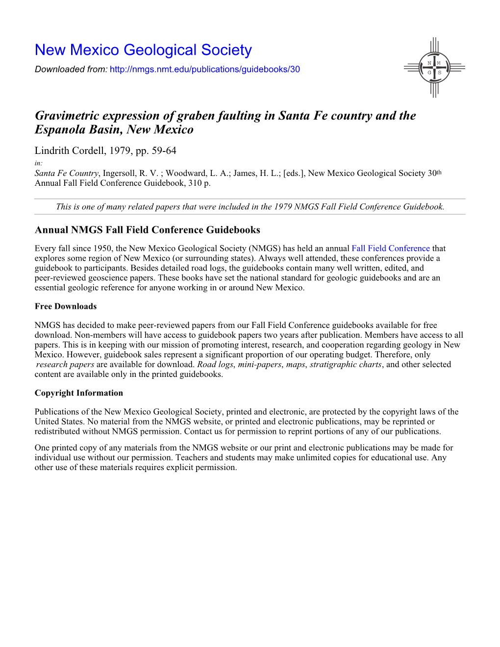 Gravimetric Expression of Graben Faulting in Santa Fe Country and the Espanola Basin, New Mexico Lindrith Cordell, 1979, Pp