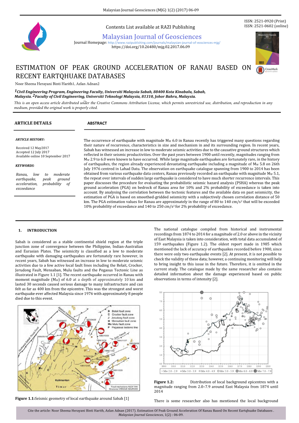 Estimation of Peak Ground Acceleration of Ranau Based on Recent Eartqhuake Databases