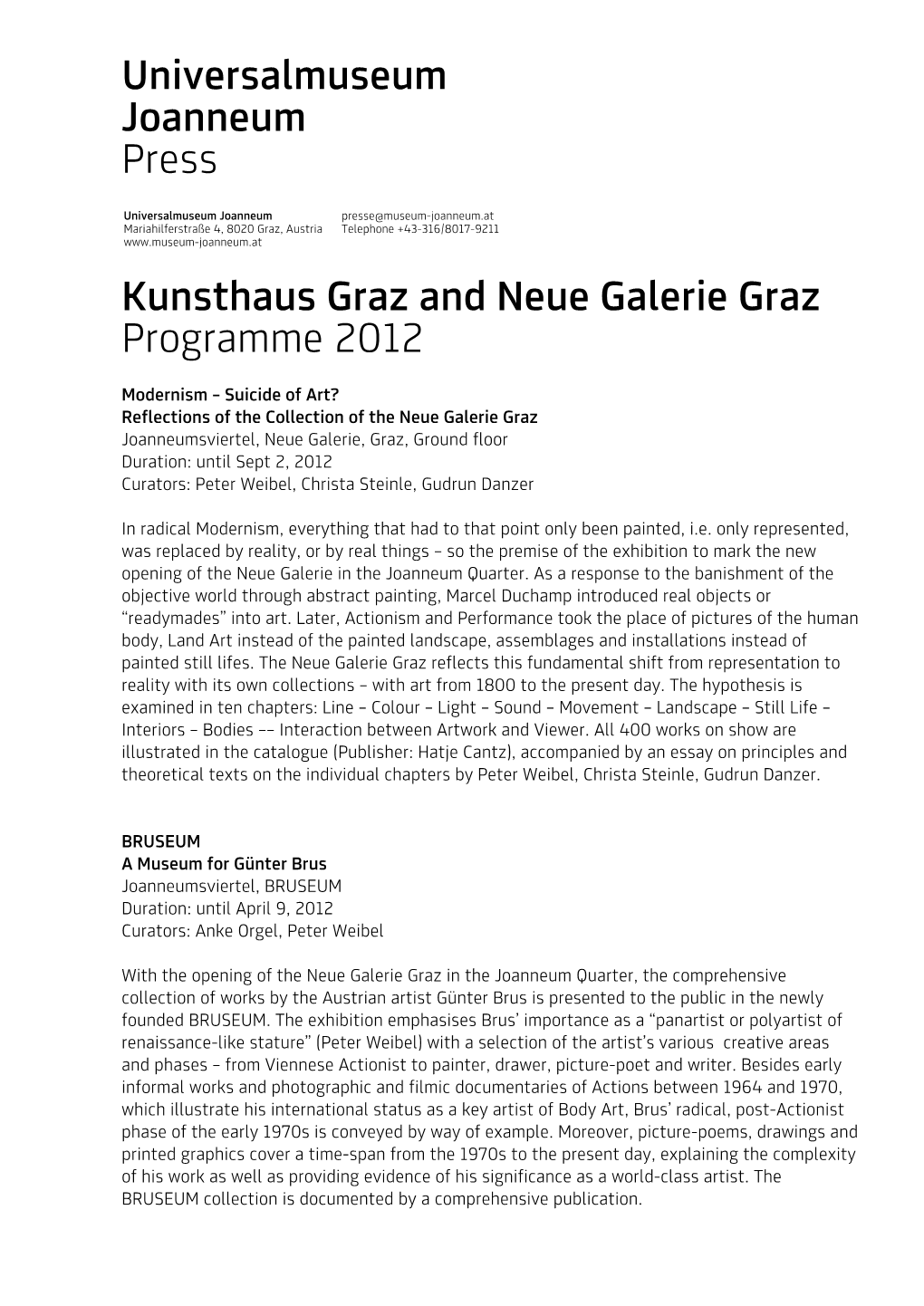 Universalmuseum Joanneum Press Kunsthaus Graz and Neue Galerie Graz Programme 2012