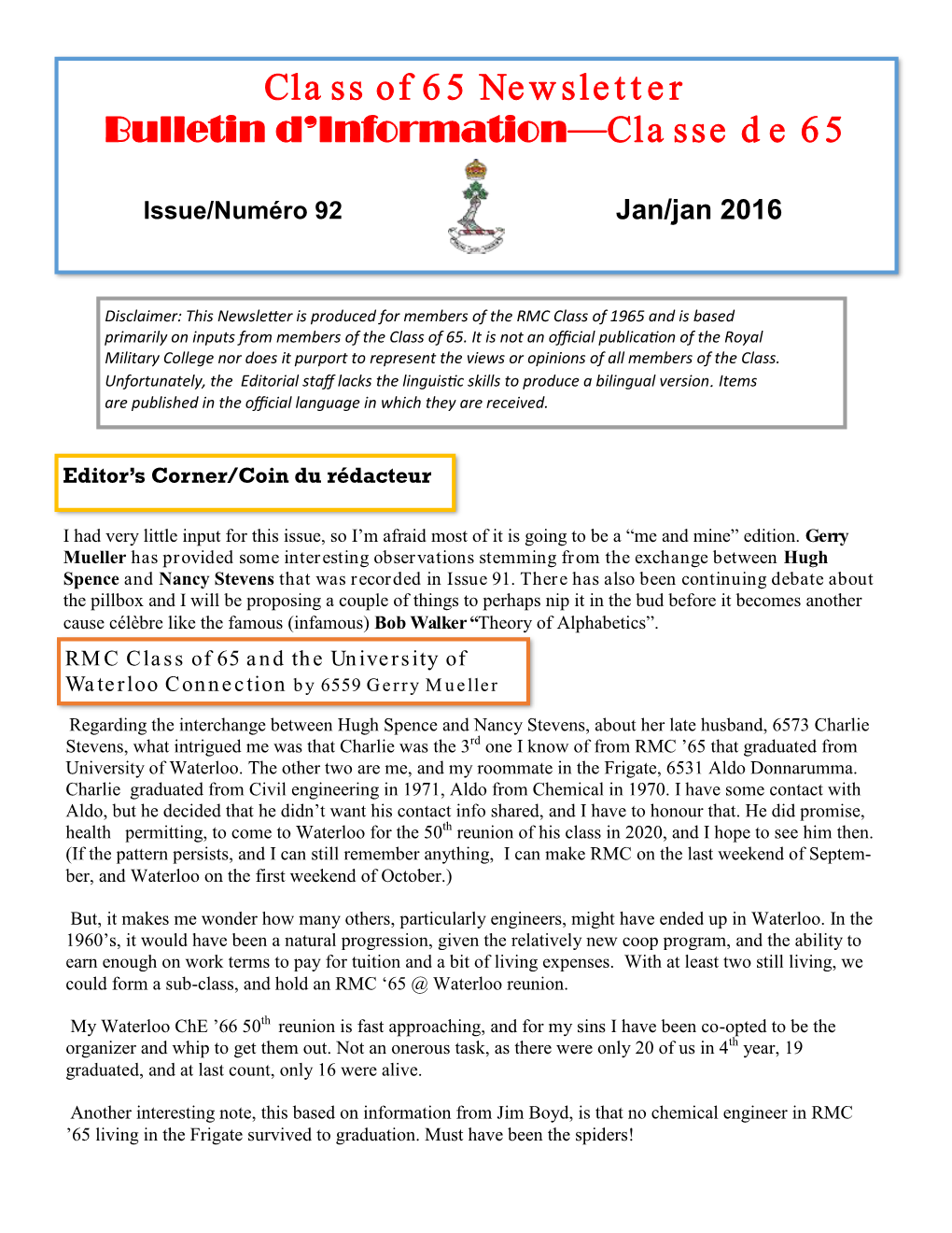 Class of 65 Newsletter Bulletin D'information—Classe De 65