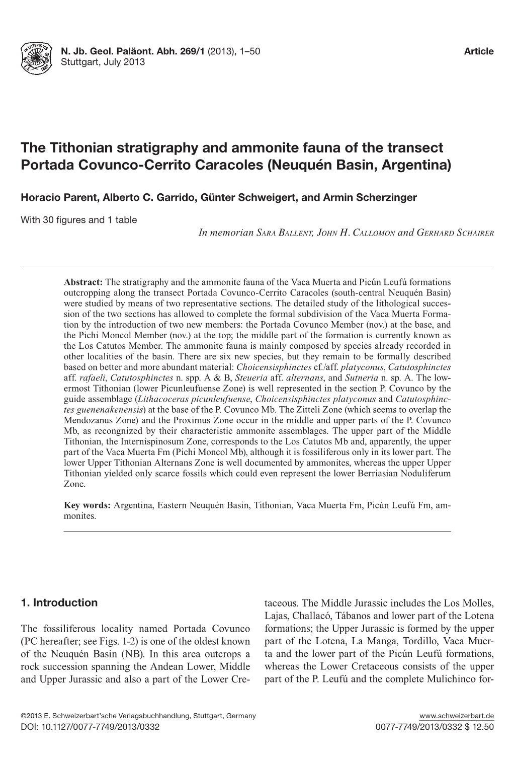 The Tithonian Stratigraphy and Ammonite Fauna of the Transect Portada Covunco-Cerrito Caracoles (Neuquén Basin, Argentina)