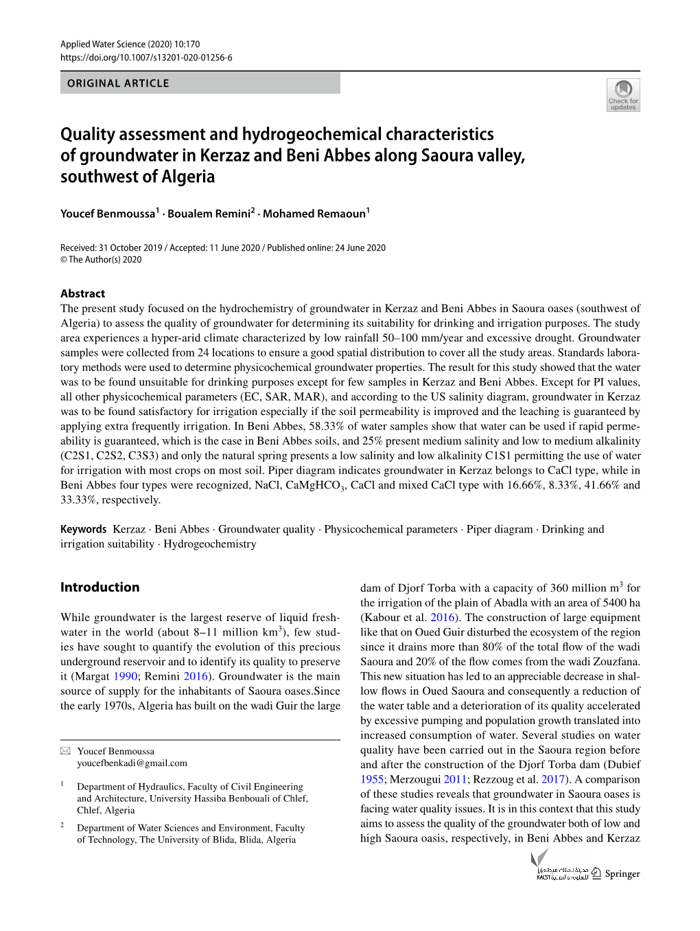 Quality Assessment and Hydrogeochemical Characteristics of Groundwater in Kerzaz and Beni Abbes Along Saoura Valley, Southwest of Algeria