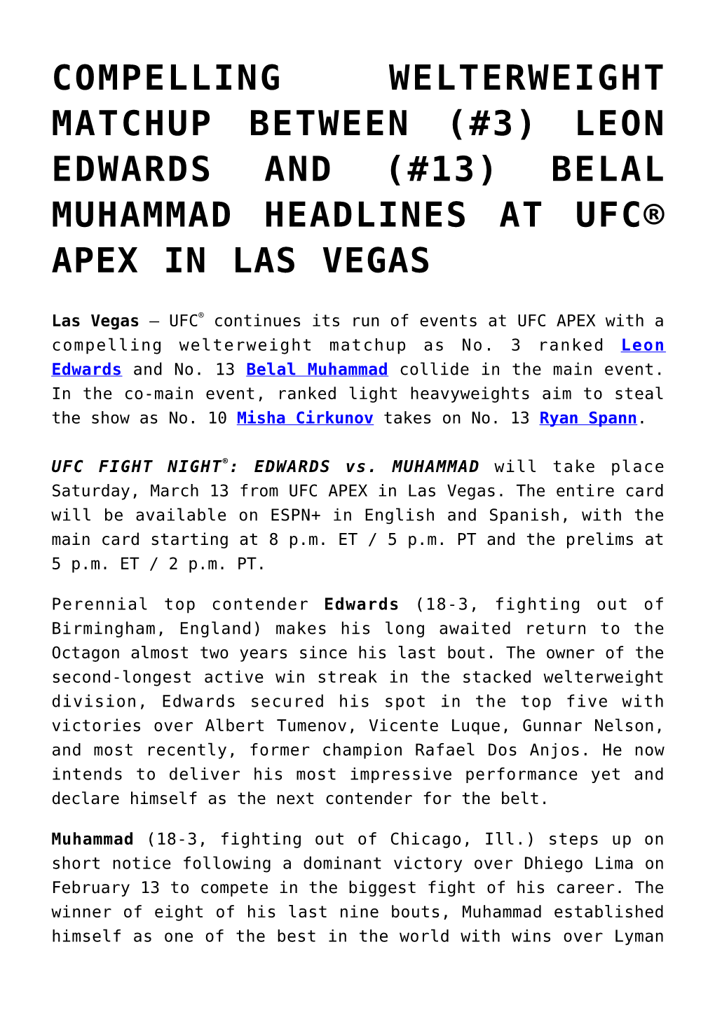 Belal Muhammad Headlines at Ufc® Apex in Las Vegas