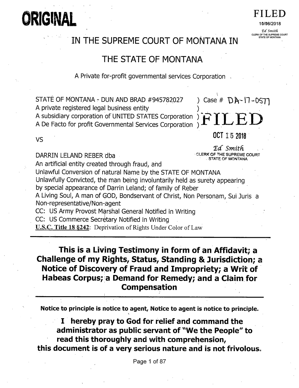 ORIGINAL 10/16/201811/08/2018 Ed Smith CLERK of the SUPREME COURT STATE of MONTANA