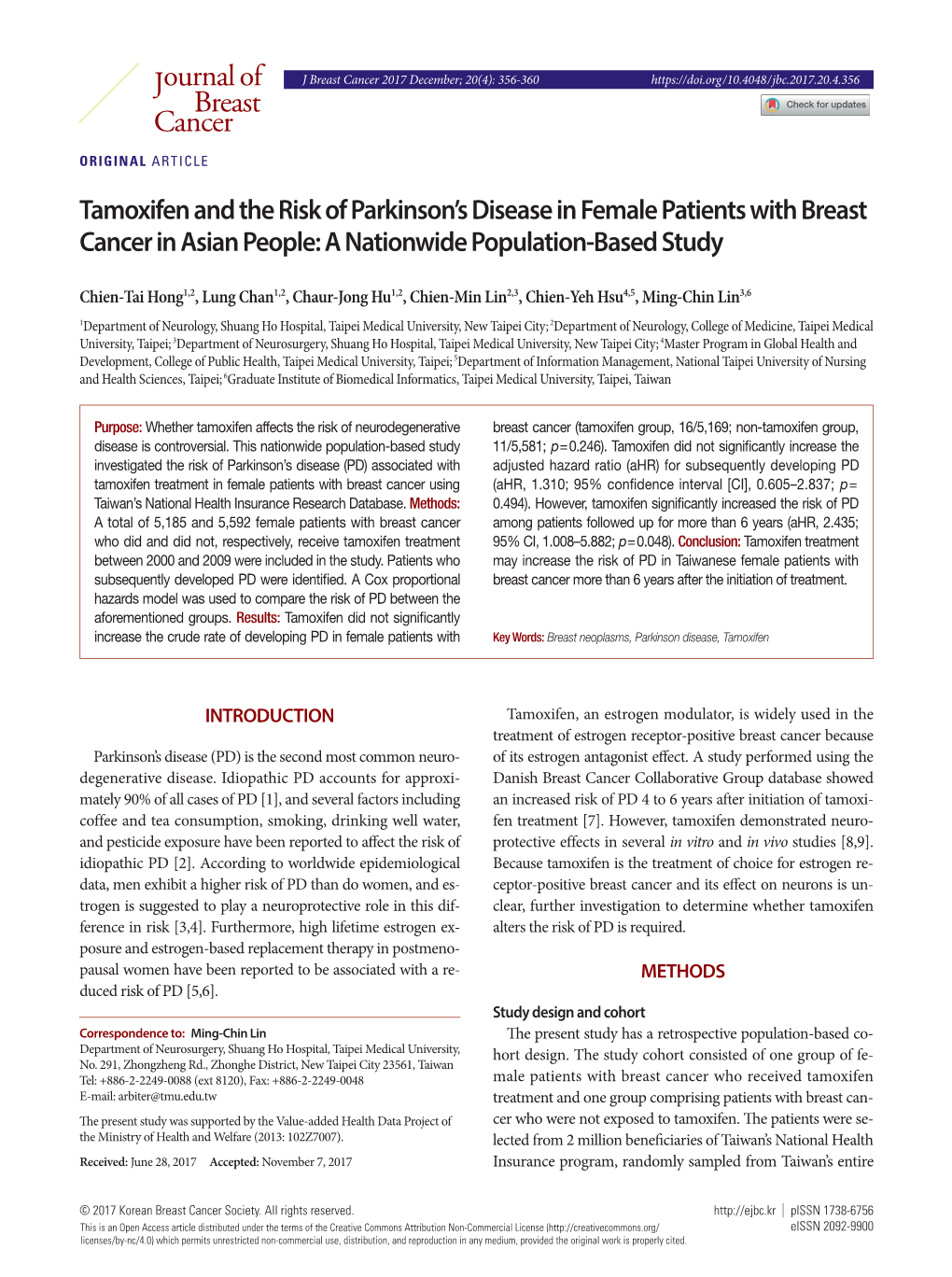Tamoxifen and the Risk of Parkinson's Disease in Female Patients With
