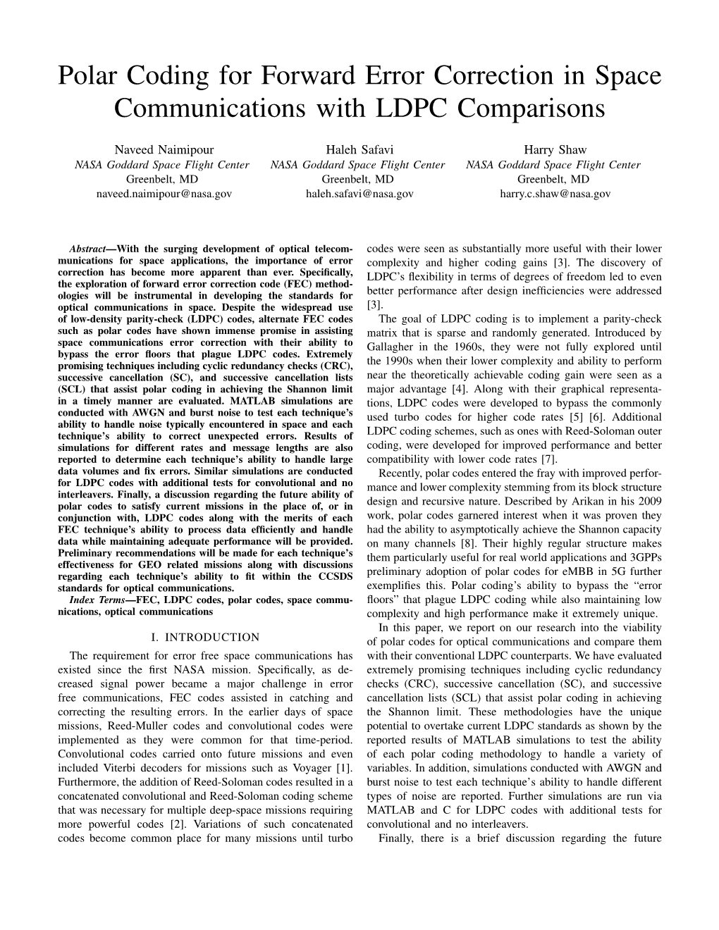 Polar Coding for Forward Error Correction in Space Communications with LDPC Comparisons