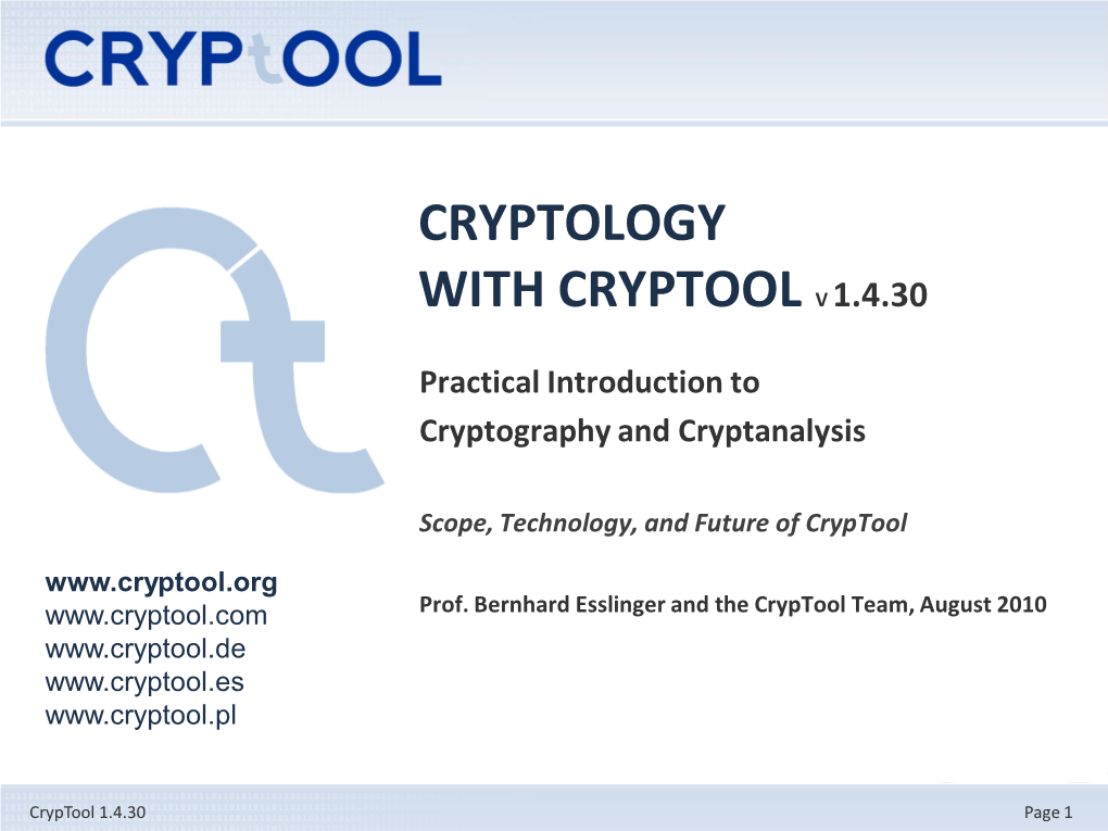 Cryptology with Cryptool V 1.4.30