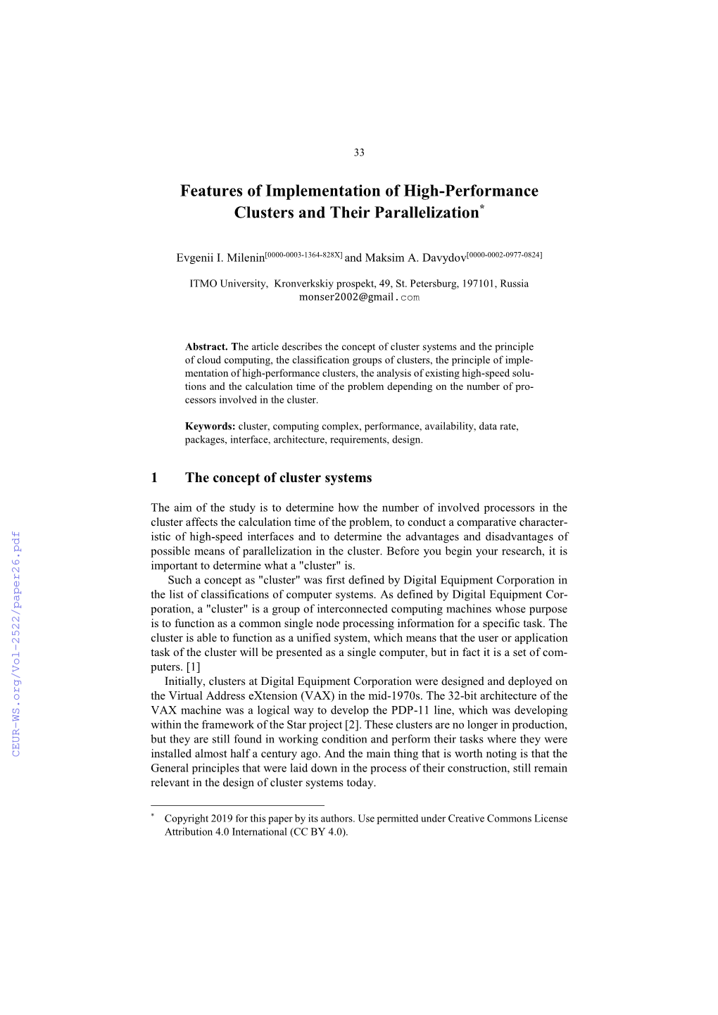 Features of Implementation of High-Performance Clusters and Their Parallelization*