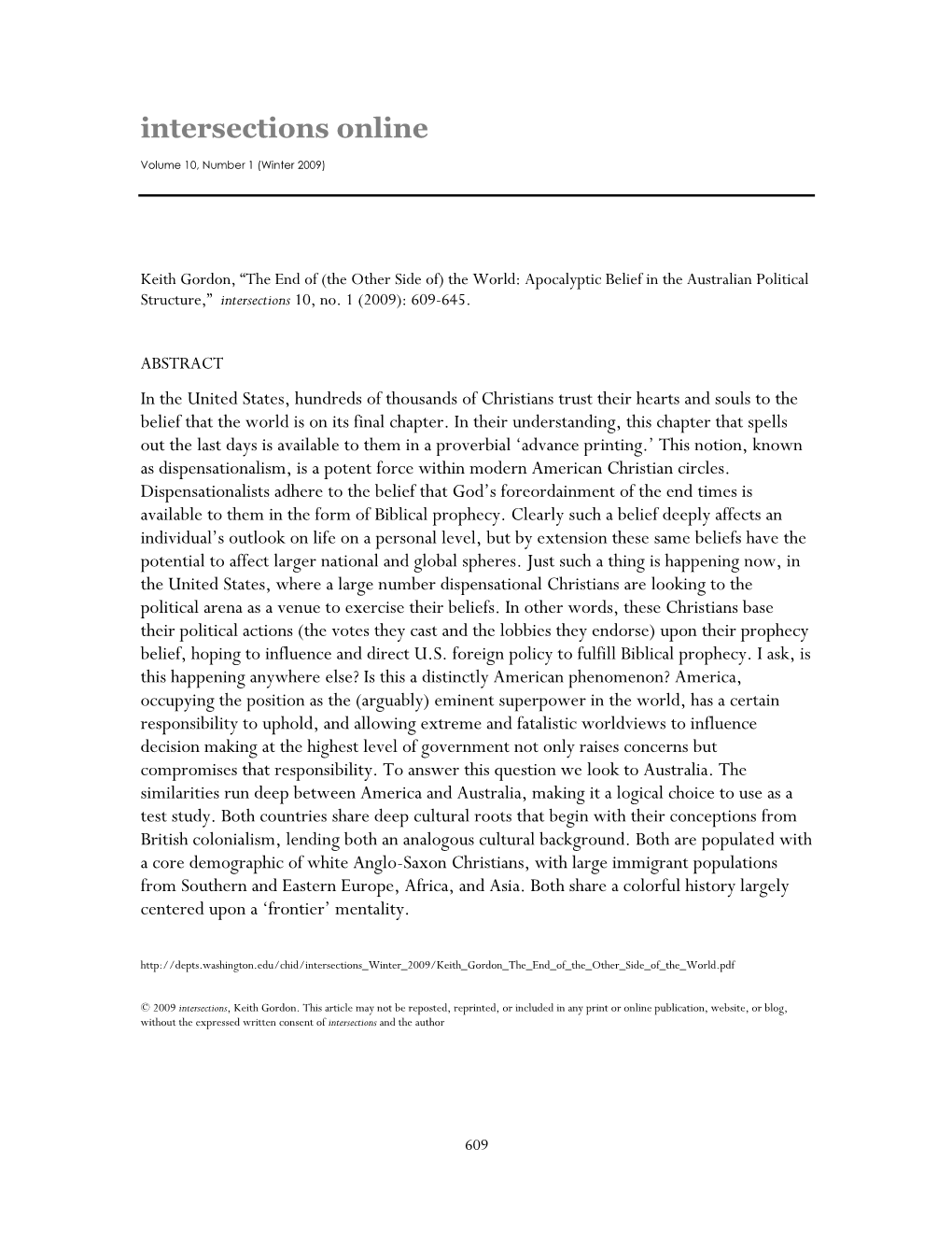 The End of (The Other Side Of) the World: Apocalyptic Belief in the Australian Political Structure,” Intersections 10, No