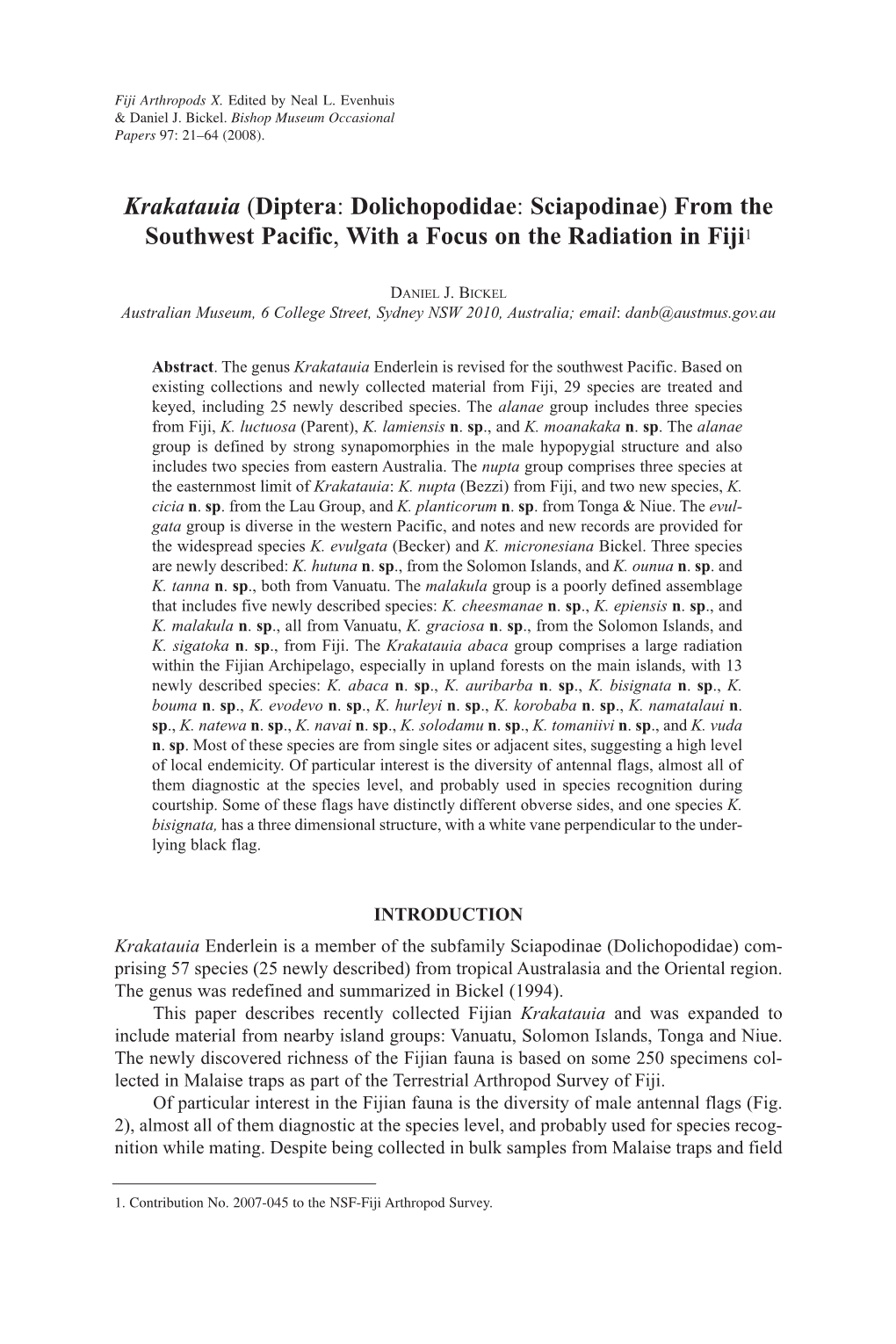 Krakatauia (Diptera: Dolichopodidae: Sciapodinae) from the Southwest Pacific, with a Focus on the Radiation in Fiji1