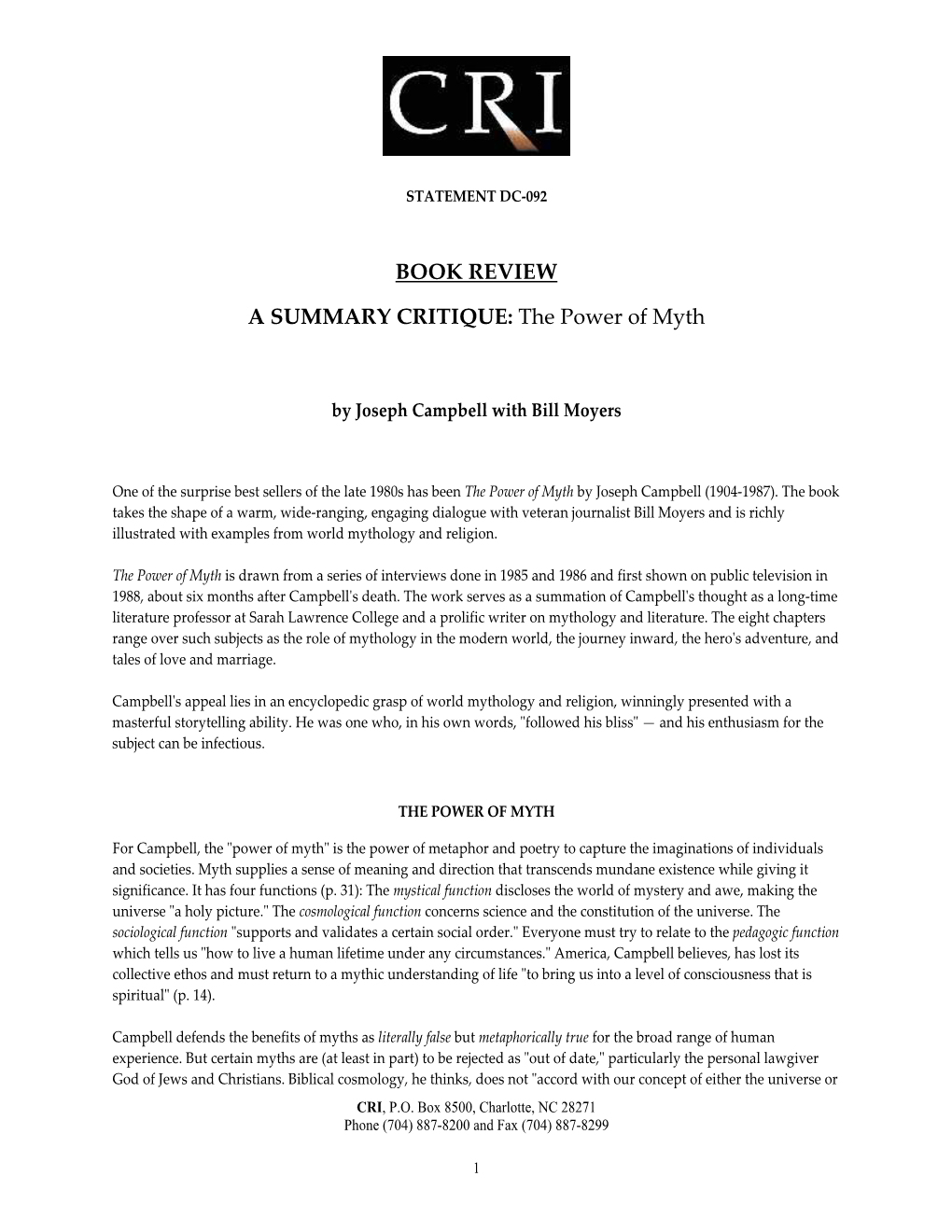BOOK REVIEW a SUMMARY CRITIQUE: the Power of Myth