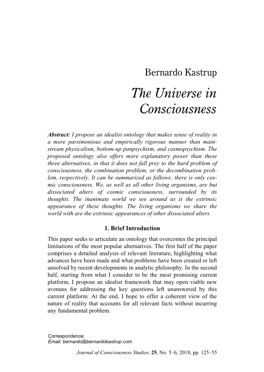 Bernardo Kastrup the Universe in Consciousness