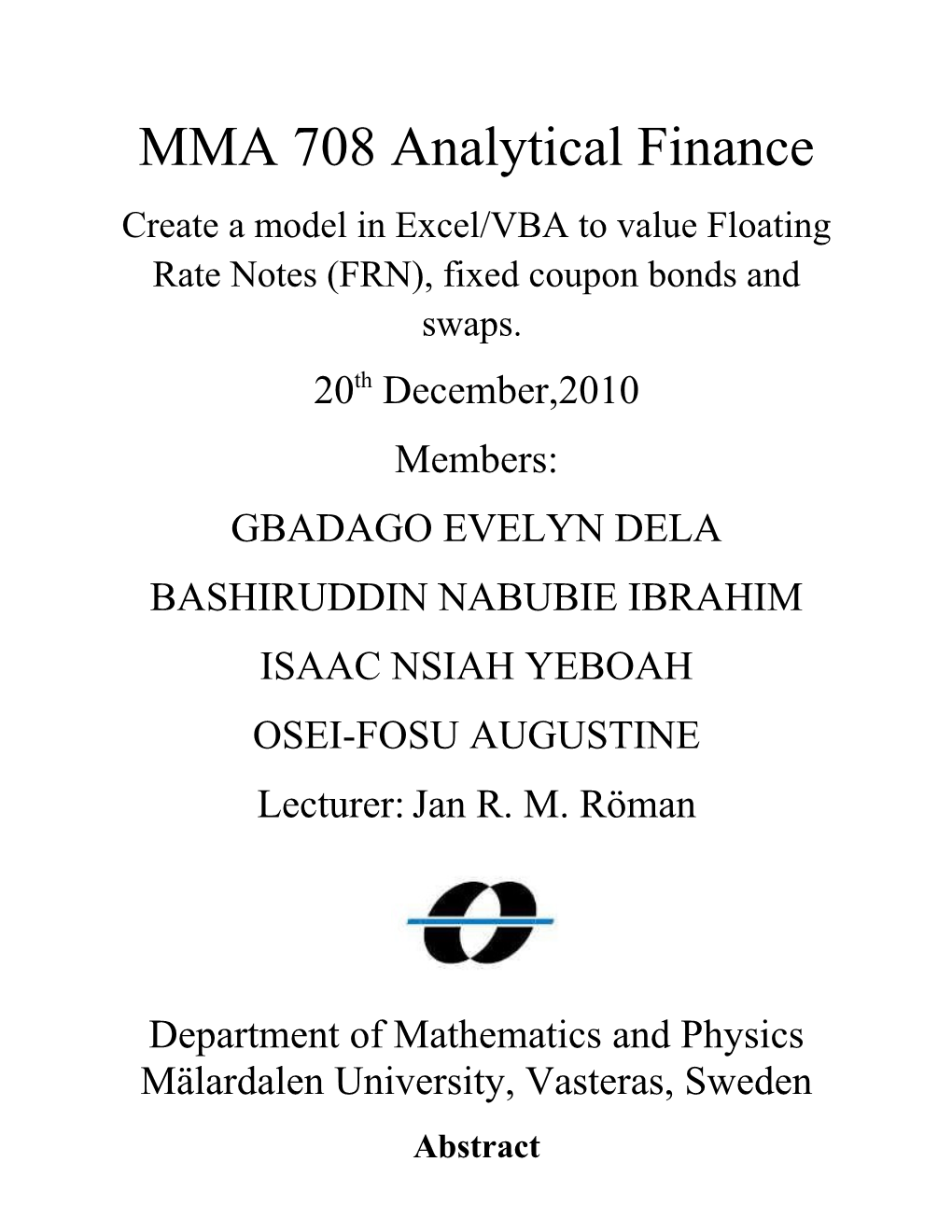 MMA 708 Analytical Finance