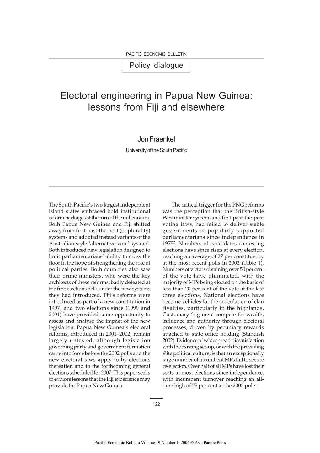 Electoral Engineering in Papua New Guinea: Lessons from Fiji and Elsewhere