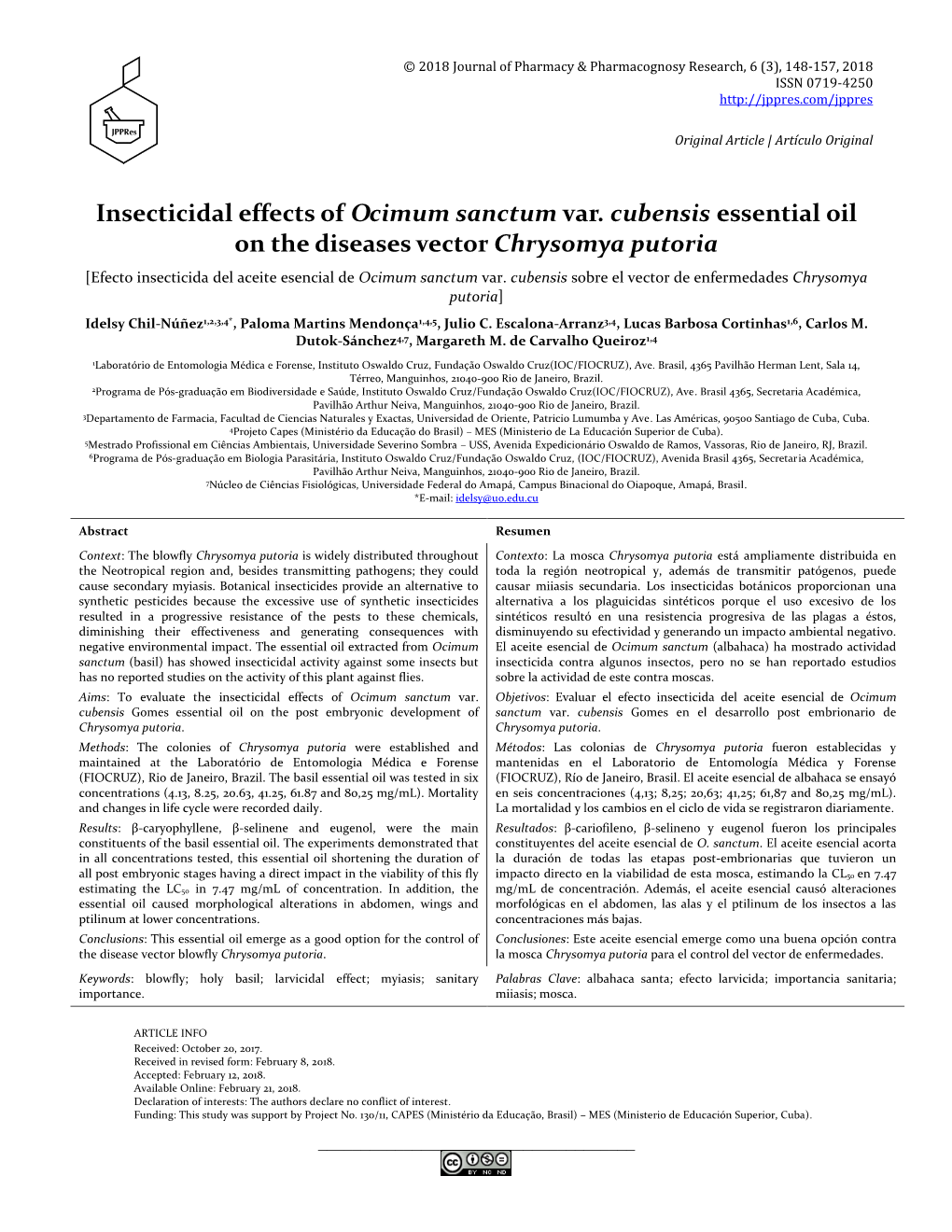 Insecticidal Effects of Ocimum Sanctum on Chrysomya Putoria