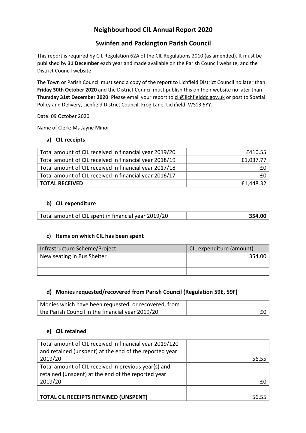 Neighbourhood CIL Annual Report 2020 Swinfen and Packington Parish Council