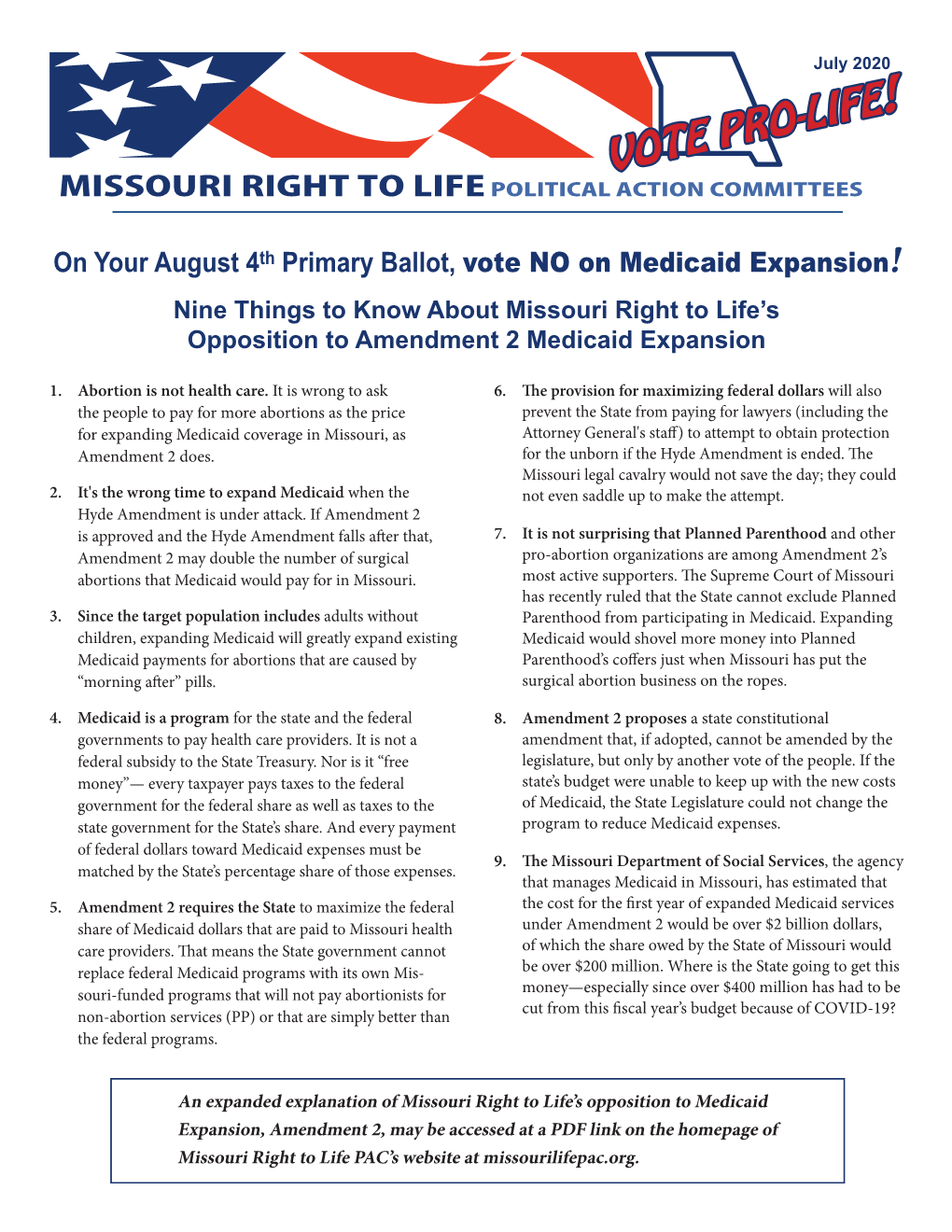 July 2020 ! VOTE PRO-LIFE MISSOURI RIGHT to LIFE POLITICAL ACTION COMMITTEES