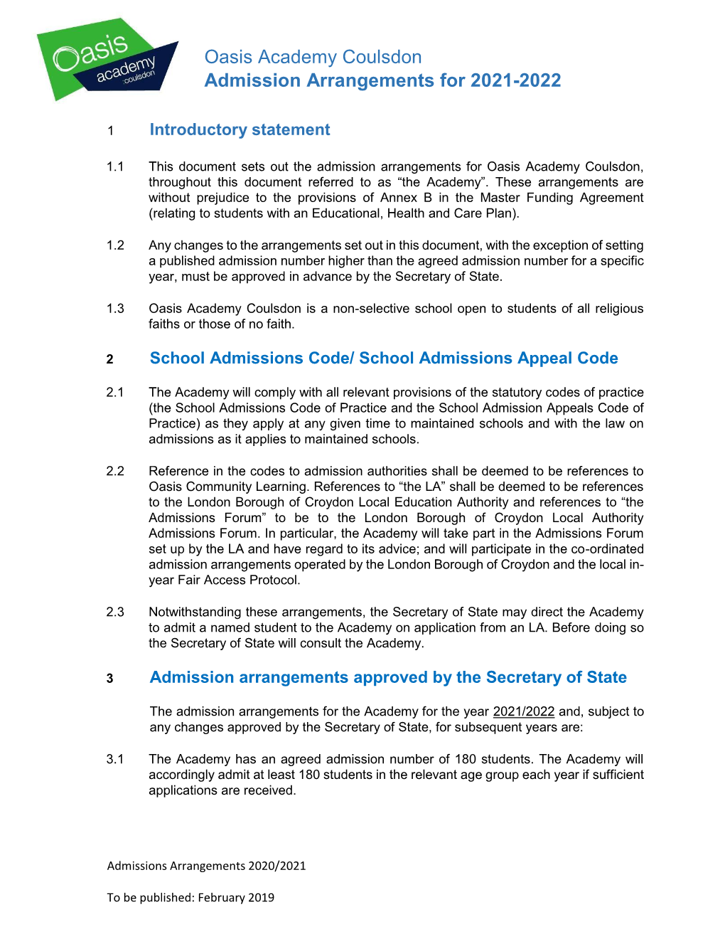 Oasis Academy Coulsdon – Admissions Policy