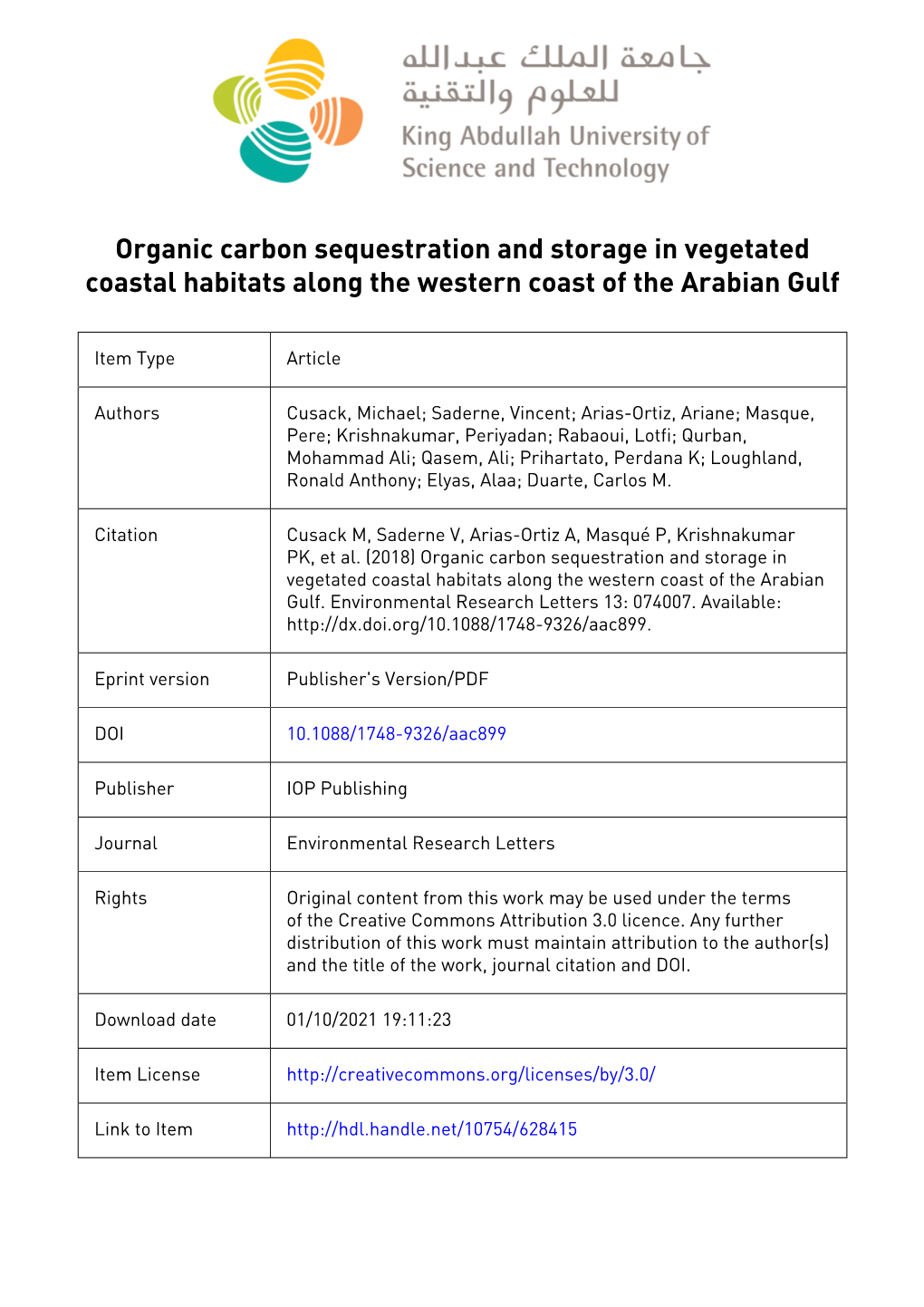 Organic Carbon Sequestration and Storage in Vegetated Coastal Habitats Along the Western Coast of the Arabian Gulf
