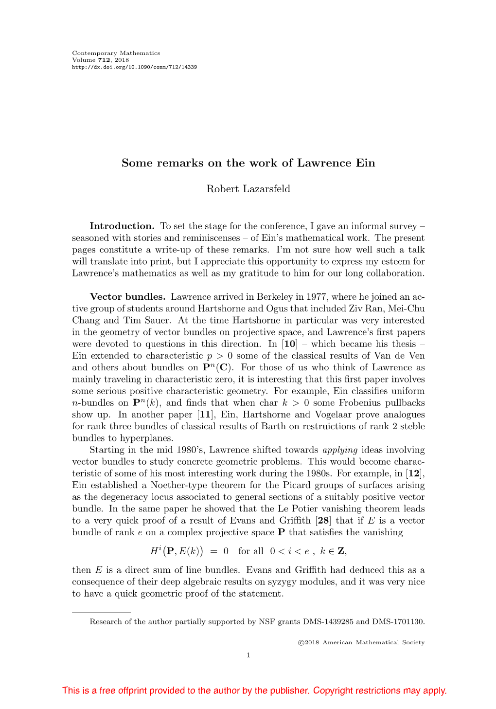 Some Remarks on the Work of Lawrence Ein