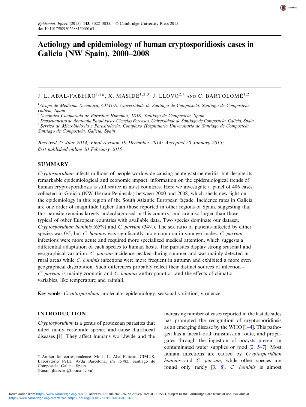 Aetiology and Epidemiology of Human Cryptosporidiosis Cases in Galicia (NW Spain), 2000–2008