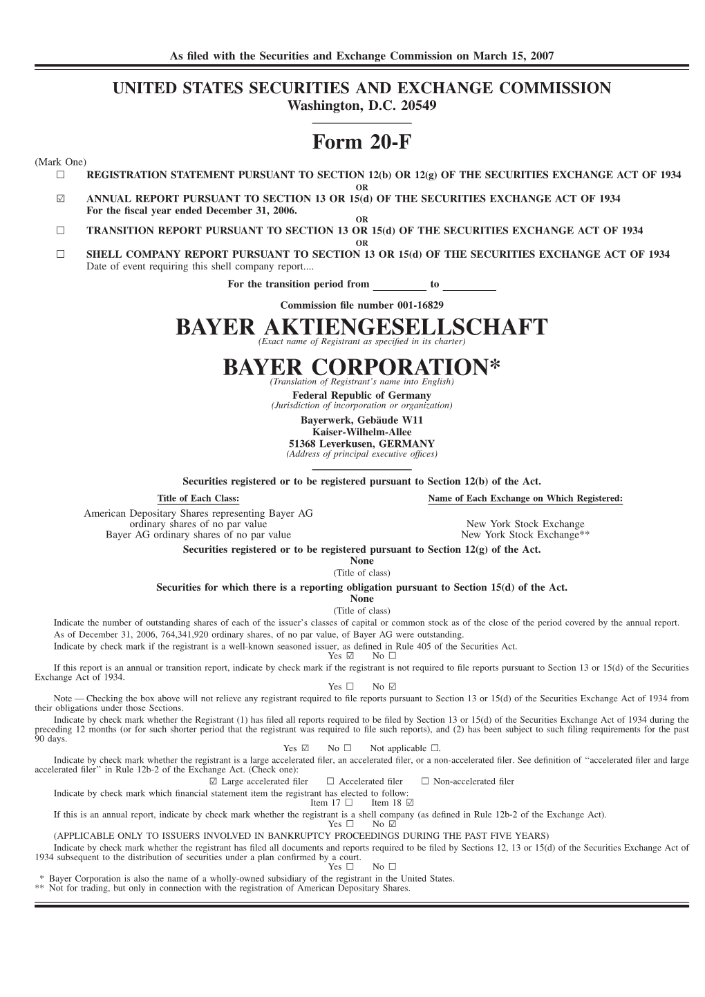 Bayer AG Form 20-F Filed on March 15, 2007