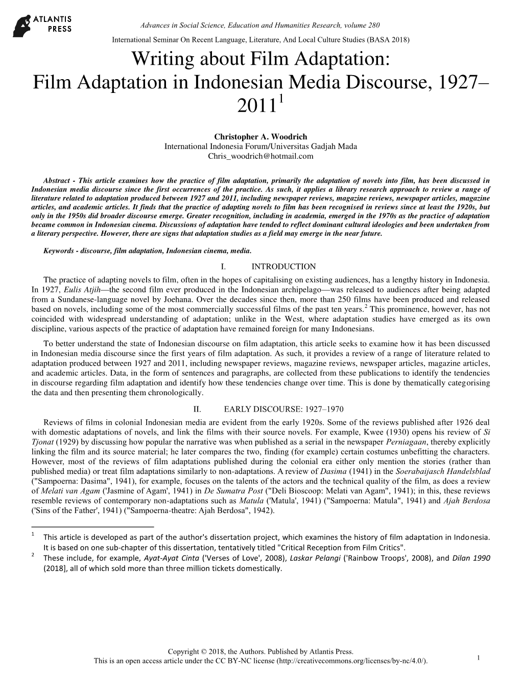 Writing About Film Adaptation: Film Adaptation in Indonesian Media Discourse, 1927– 20111