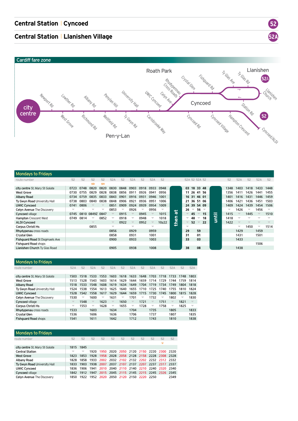 Cardiff Bus Service 52 Timetable