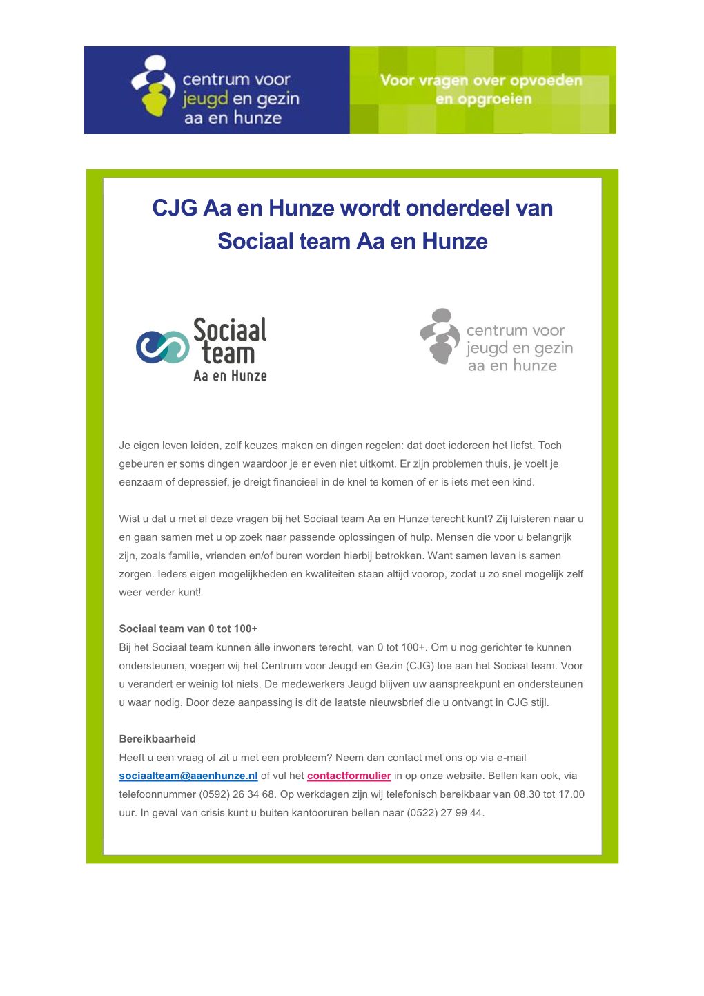 CJG Aa En Hunze Wordt Onderdeel Van Sociaal Team Aa En Hunze