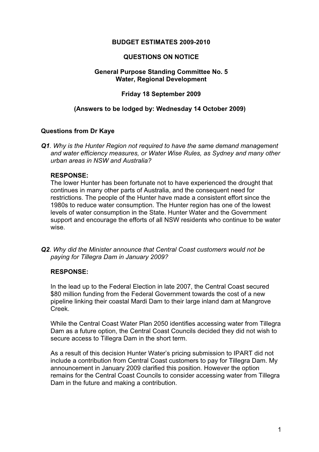 Budget Estimates 2009-2010