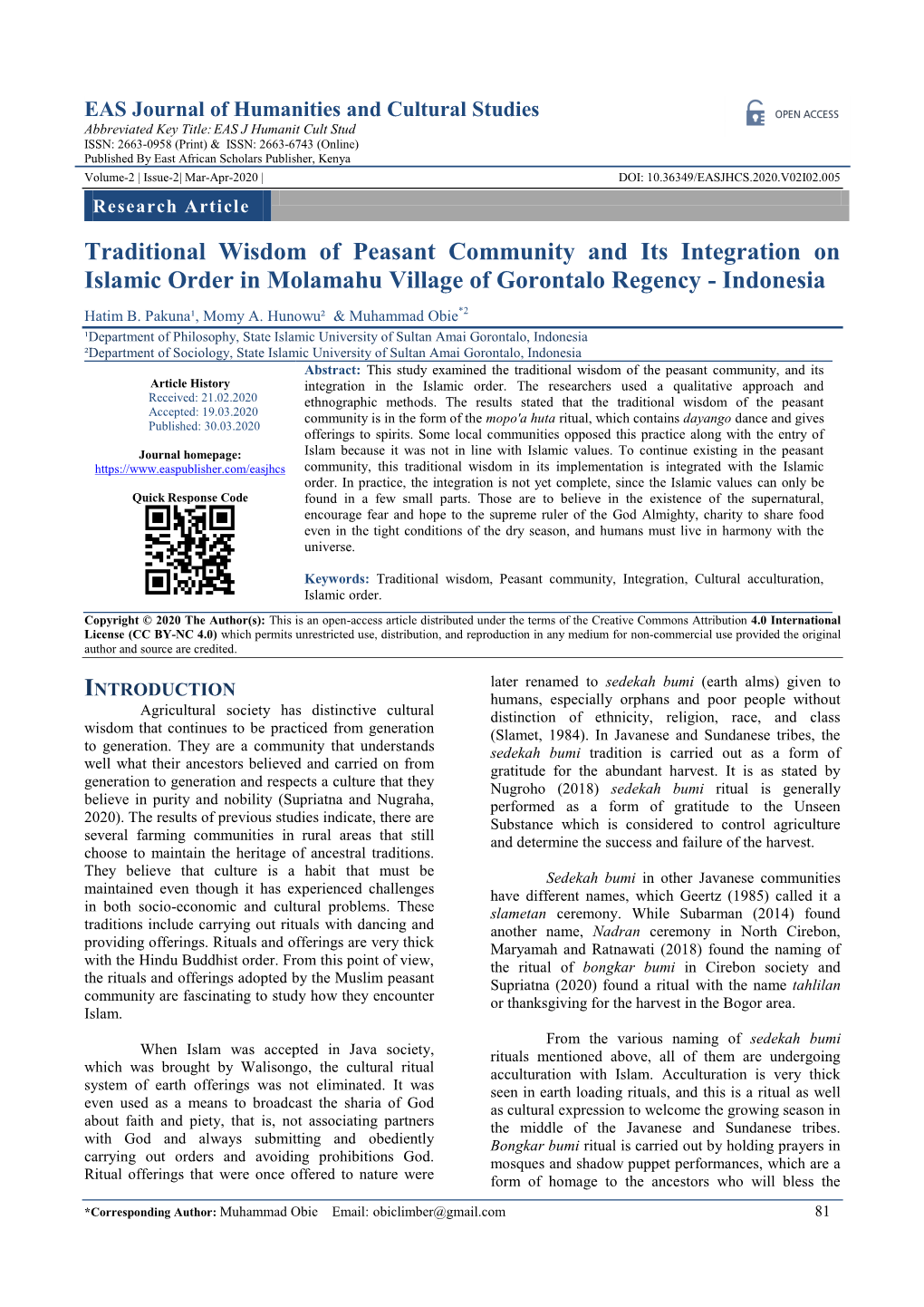 Traditional Wisdom of Peasant Community and Its Integration on Islamic Order in Molamahu Village of Gorontalo Regency - Indonesia