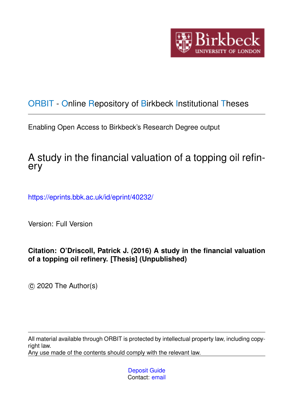 A Study in the Financial Valuation of a Topping Oil Refin