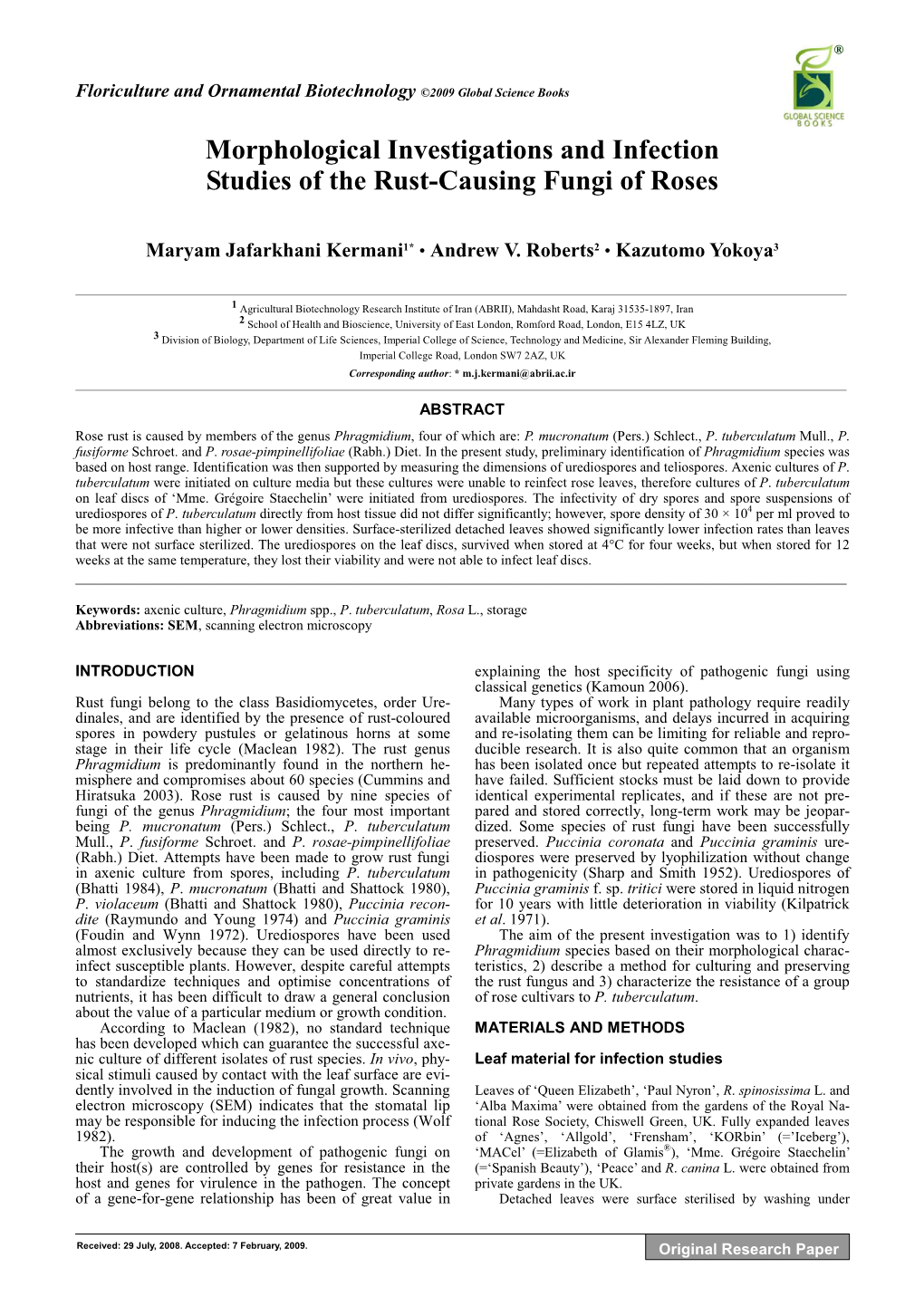 Morphological Investigations and Infection Studies of the Rust-Causing Fungi of Roses