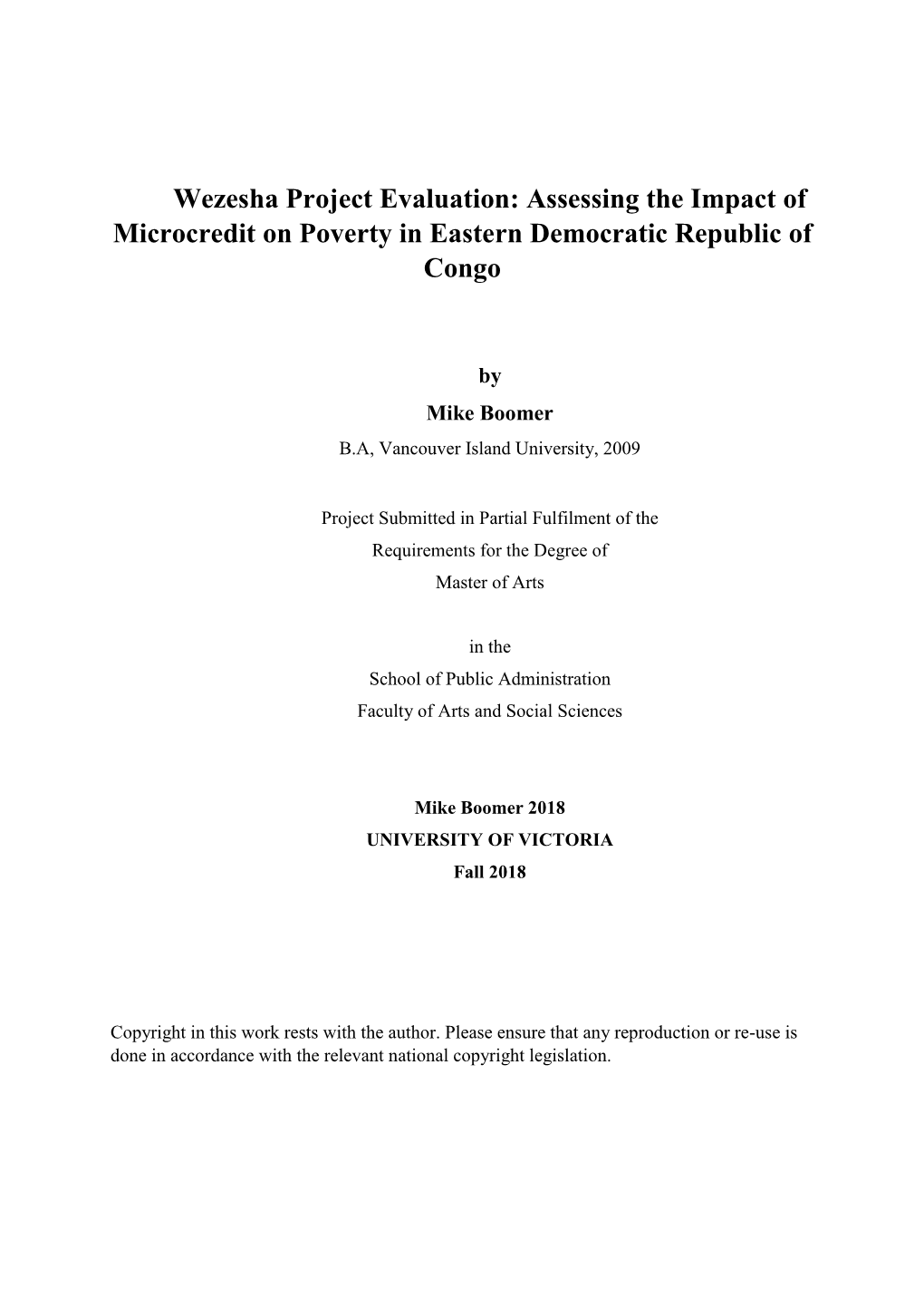 Wezesha Project Evaluation: Assessing the Impact of Microcredit on Poverty in Eastern Democratic Republic of Congo