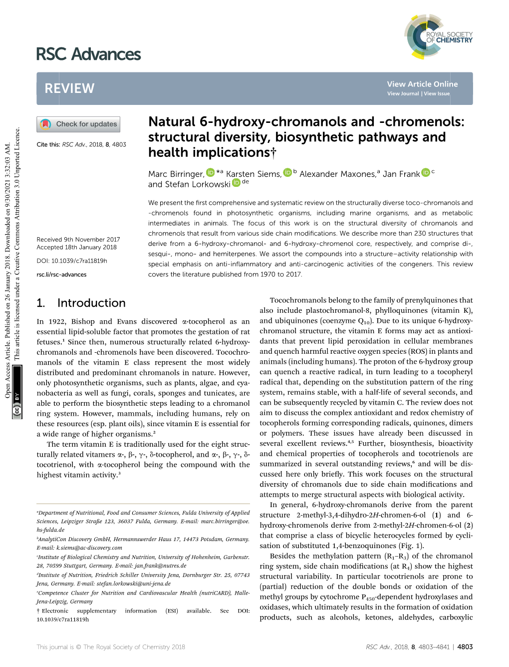 Natural 6-Hydroxy-Chromanols and -Chromenols: Structural Diversity, Biosynthetic Pathways and Health Implications