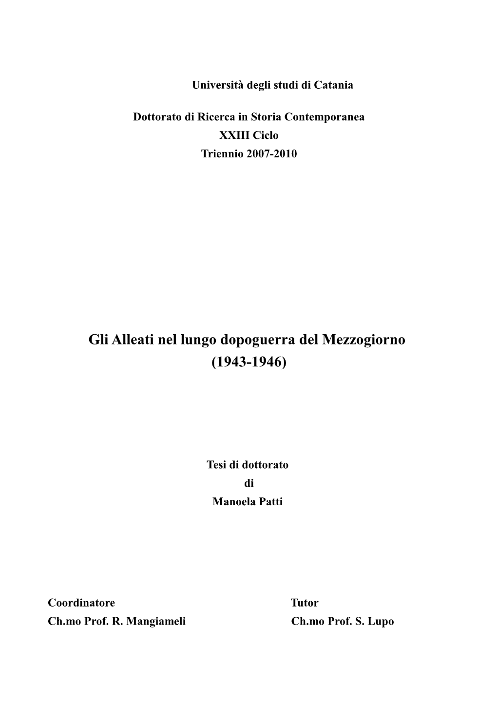 Gli Alleati Nel Lungo Dopoguerra Del Mezzogiorno (1943-1946)