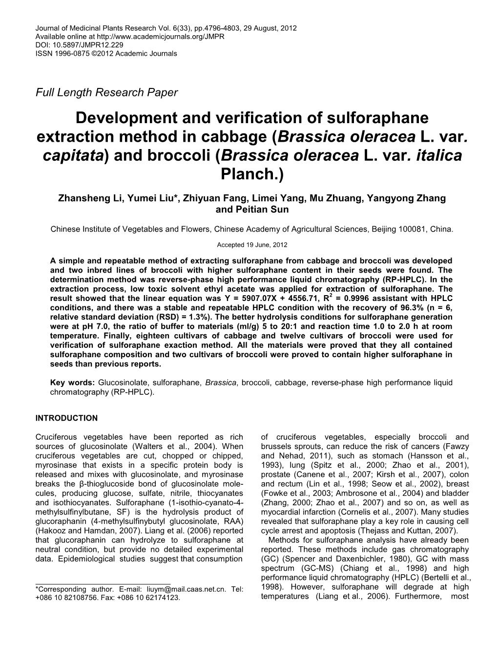 Development and Verification of Sulforaphane Extraction Method in Cabbage (Brassica Oleracea L