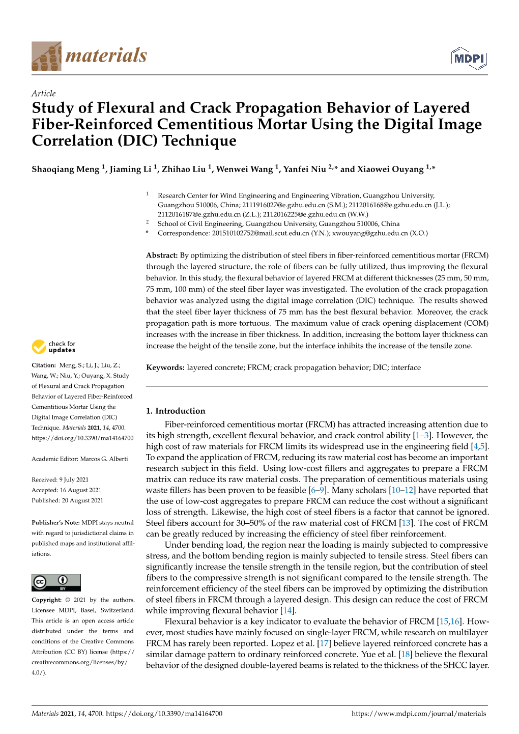 Study of Flexural and Crack Propagation Behavior of Layered Fiber-Reinforced Cementitious Mortar Using the Digital Image Correlation (DIC) Technique