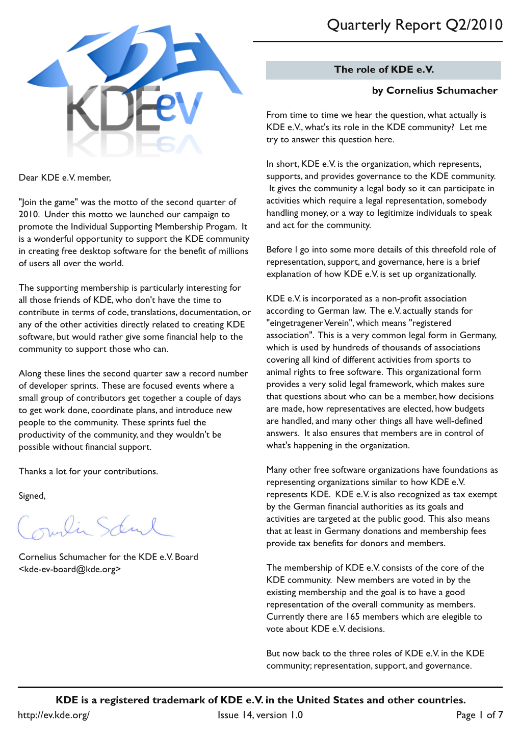 KDE E.V.'S Quarterly Report Q2 2010