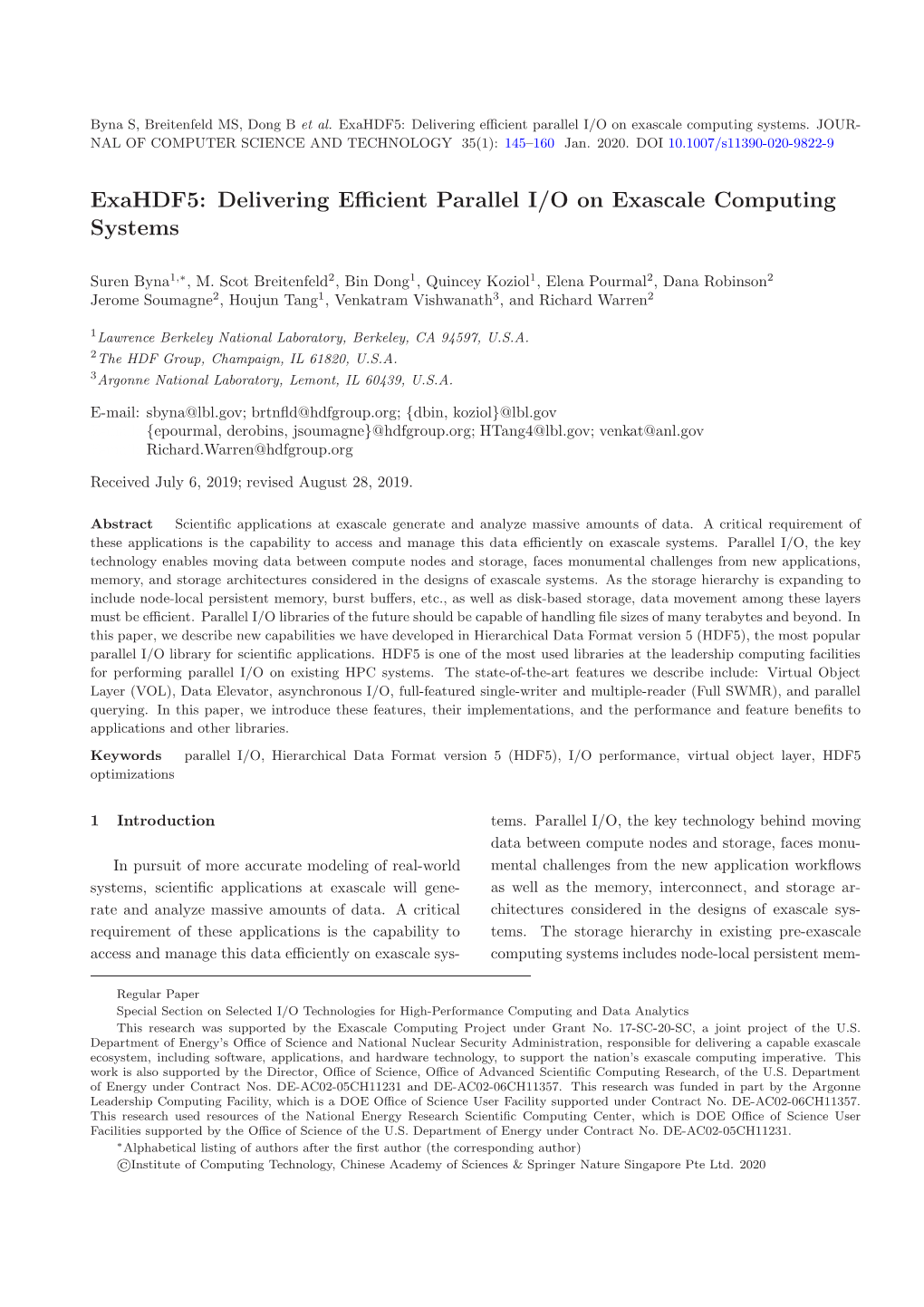 Exahdf5: Delivering Efficient Parallel I/O on Exascale Computing Systems