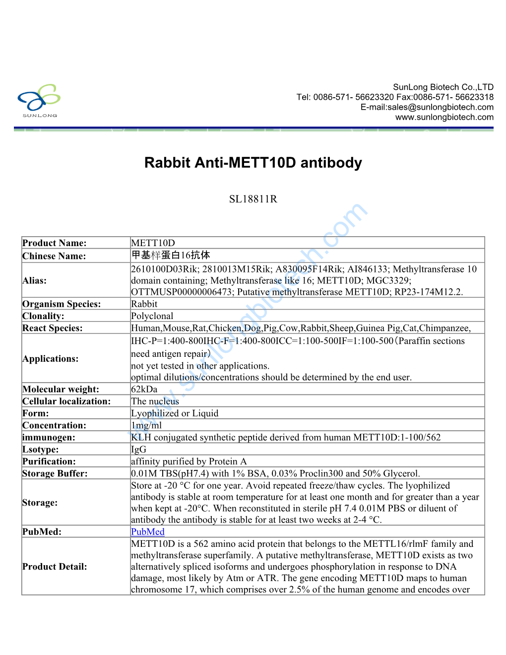 Rabbit Anti-METT10D Antibody-SL18811R