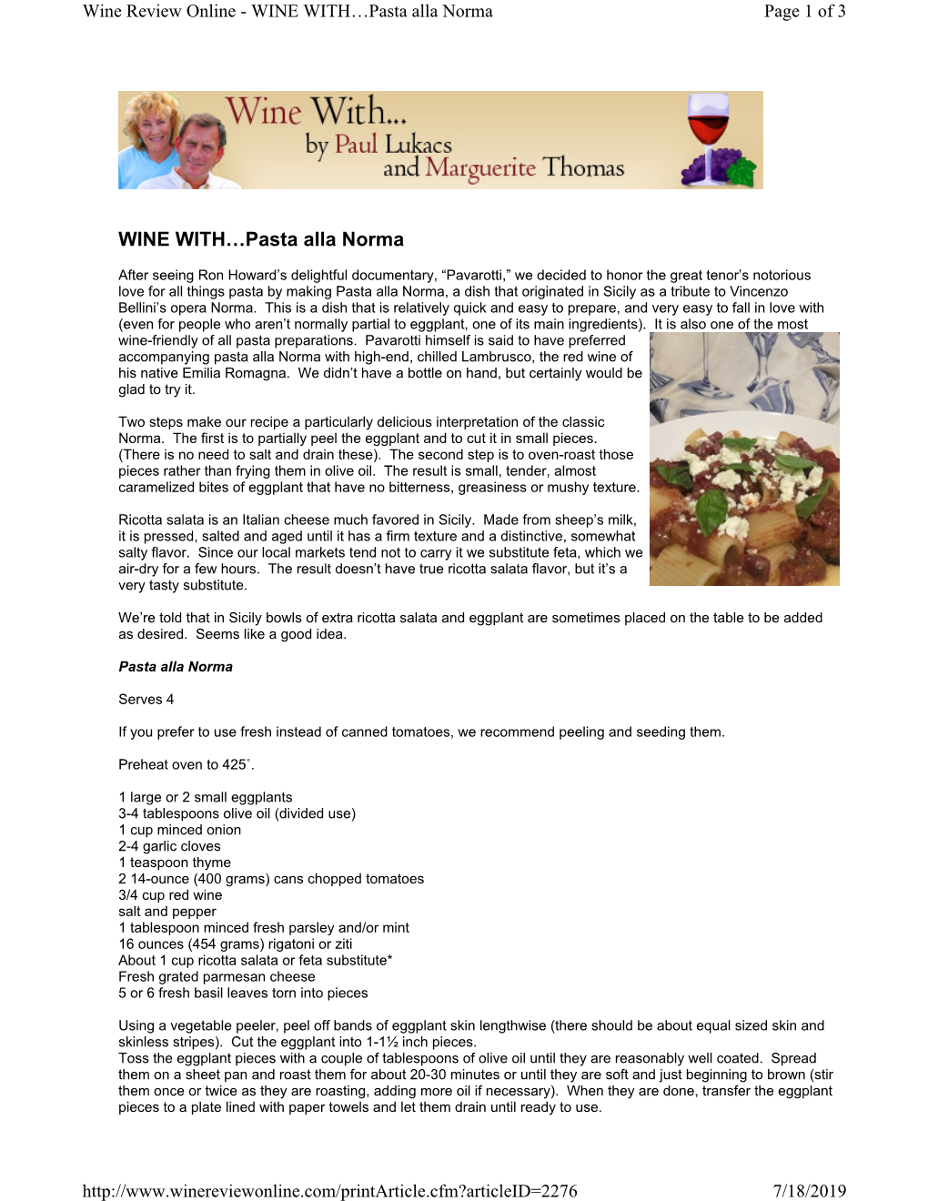 WINE WITH…Pasta Alla Norma Page 1 of 3