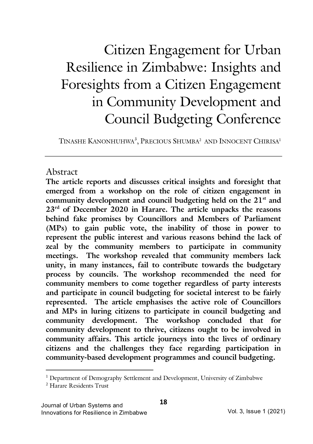 Citizen Engagement for Urban Resilience in Zimbabwe: Insights and Foresights from a Citizen Engagement in Community Development and Council Budgeting Conference