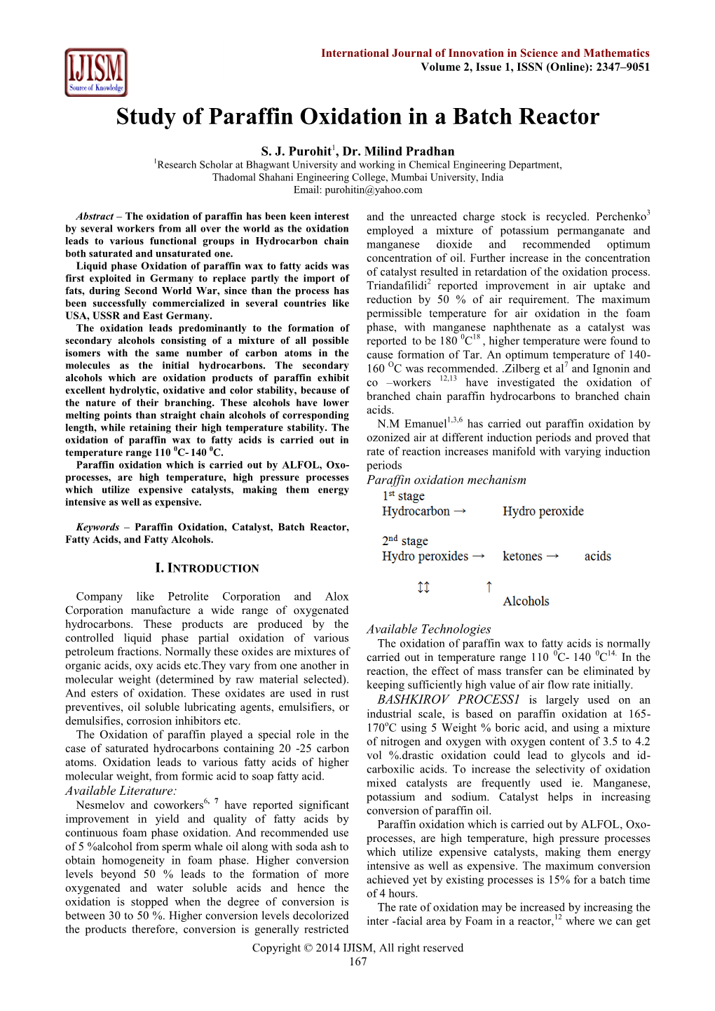 Study of Paraffin Oxidation in a Batch Reactor