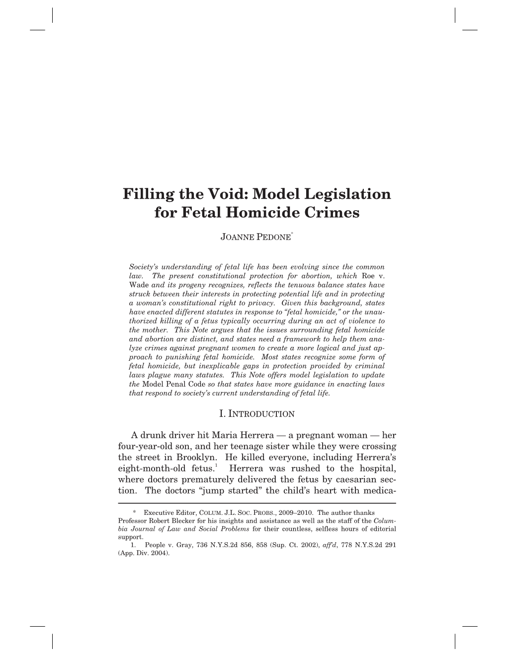 Filling the Void: Model Legislation for Fetal Homicide Crimes