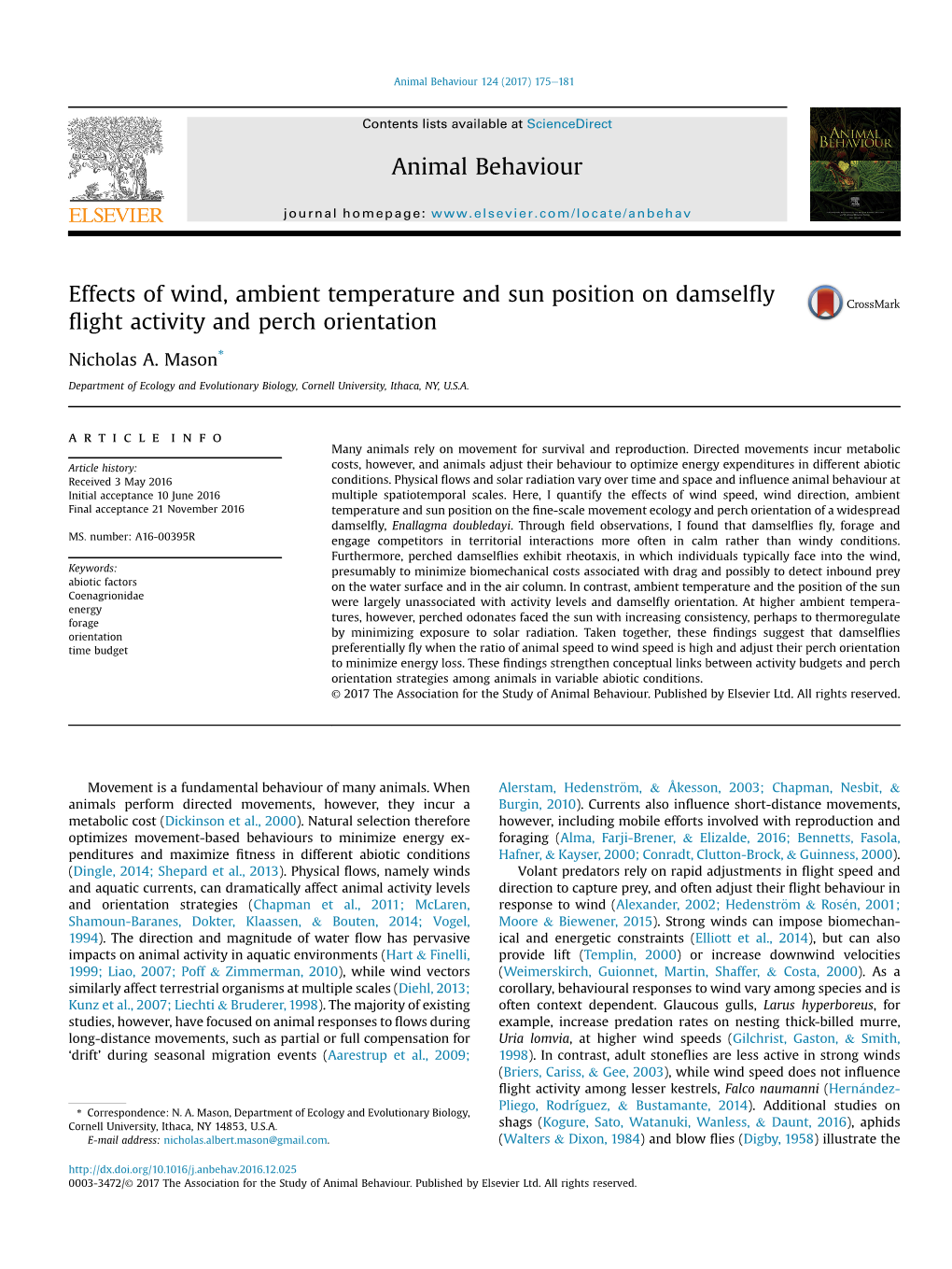 Effects of Wind, Ambient Temperature and Sun Position on Damselfly Flight Activity and Perch Orientation