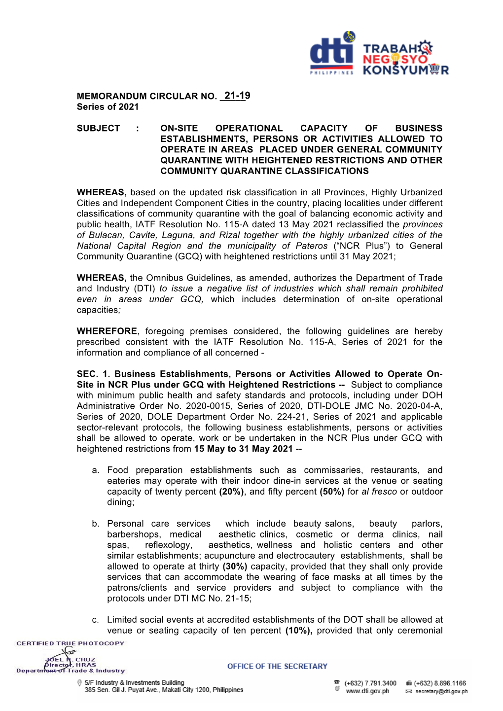 MEMORANDUM CIRCULAR NO. ___Series of 2021 SUBJECT : ON-SITE OPERATIONAL CAPACITY of BUSINESS ESTABLISHMENTS, PERSONS OR