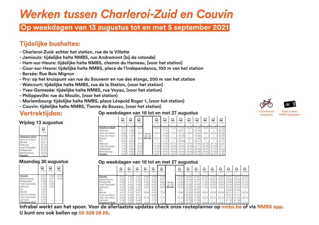 Werken Tussen Charleroi-Zuid En Couvin Op Weekdagen Van 13 Augustus Tot En Met 5 September 2021