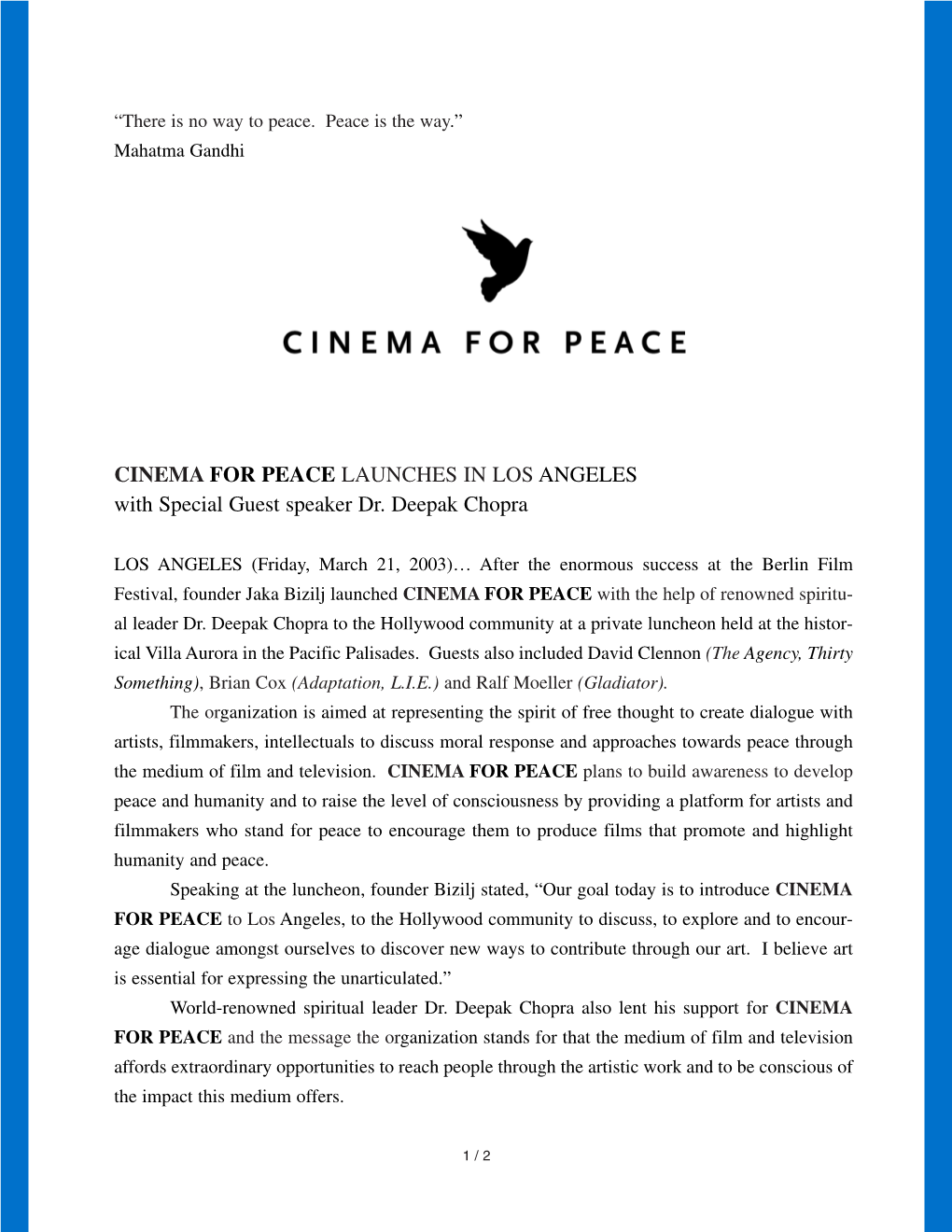 CINEMA for PEACE LAUNCHES in LOS ANGELES with Special Guest Speaker Dr