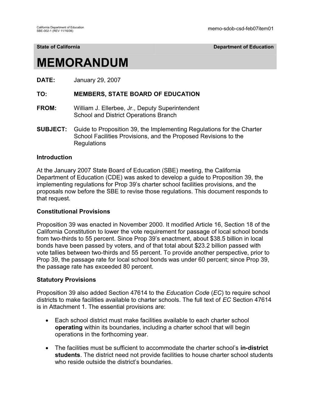 February 2007 Memorandum SDOB Item 01 - Information Memorandum (CA State Board of Education)